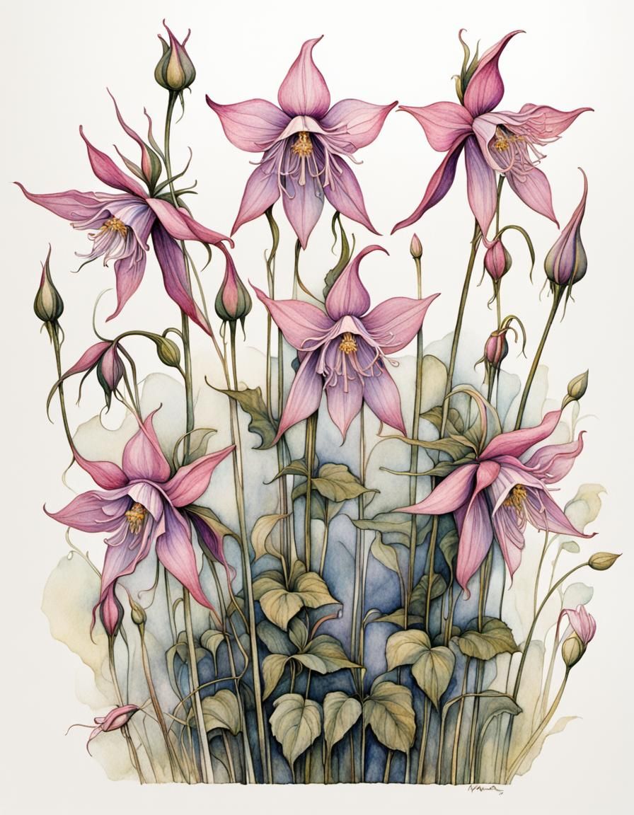 Pink Columbine in Art Nouveau Style