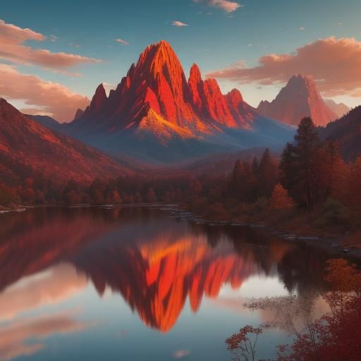 Crimson Mountain Range in Golden Sunlight as Impasto Paintin...