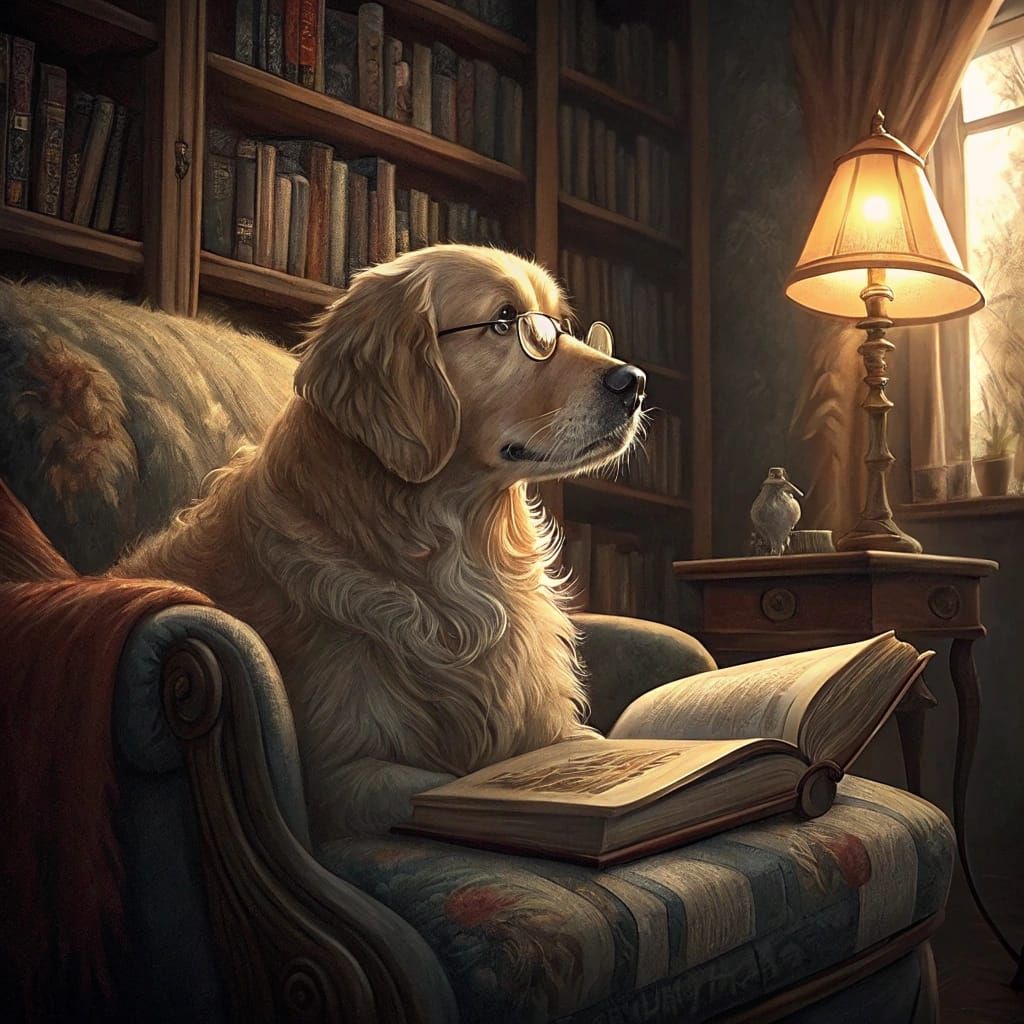 Concerned Golden Retriever Therapist in Cozy Study