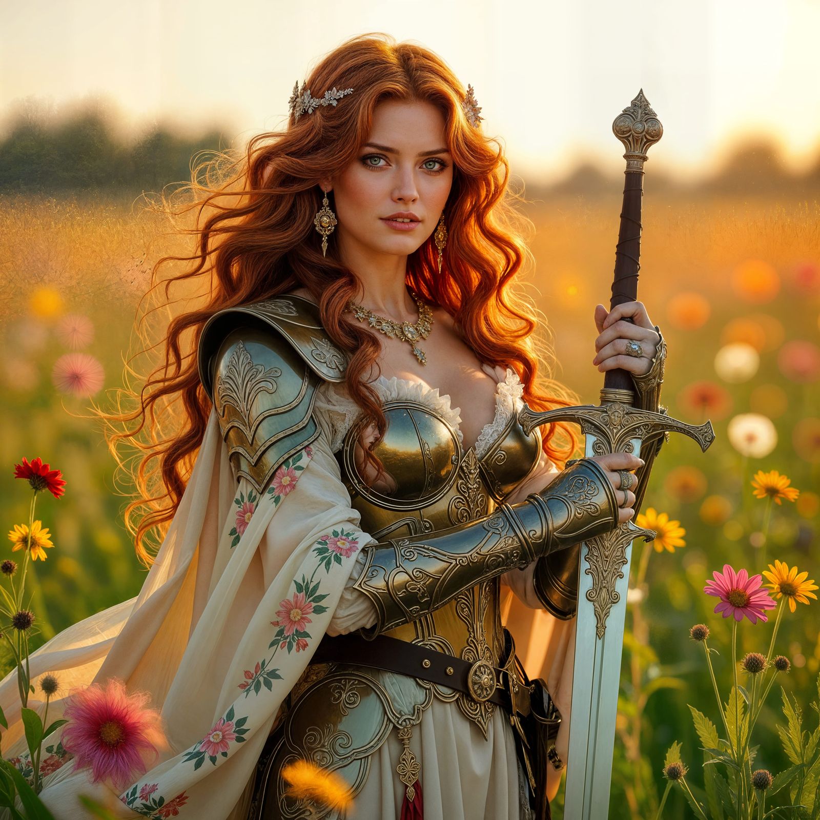 Redhead Warrior in Wildflowers, Pre-Raphaelite Style