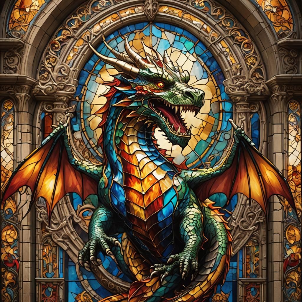 Stained Glass Dragon in Medieval Style