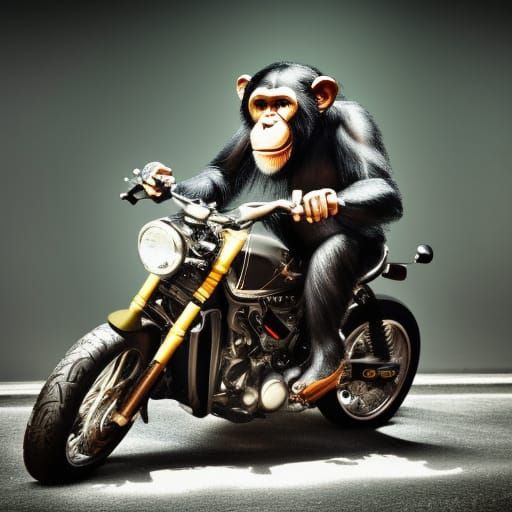 Humanized Chimp on Motorcycle in Hyper-Realistic Style