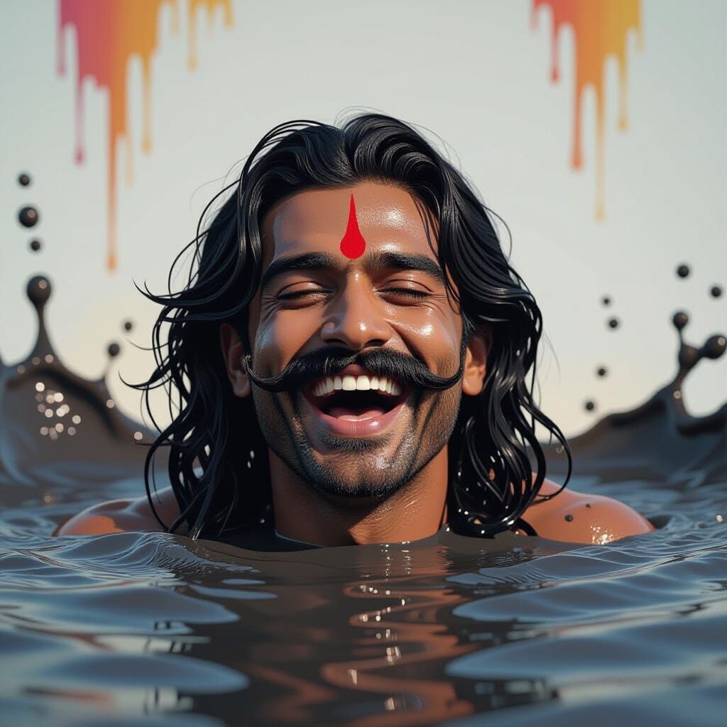 Joyful Indian Man Bathes in Black Mud Splash Art