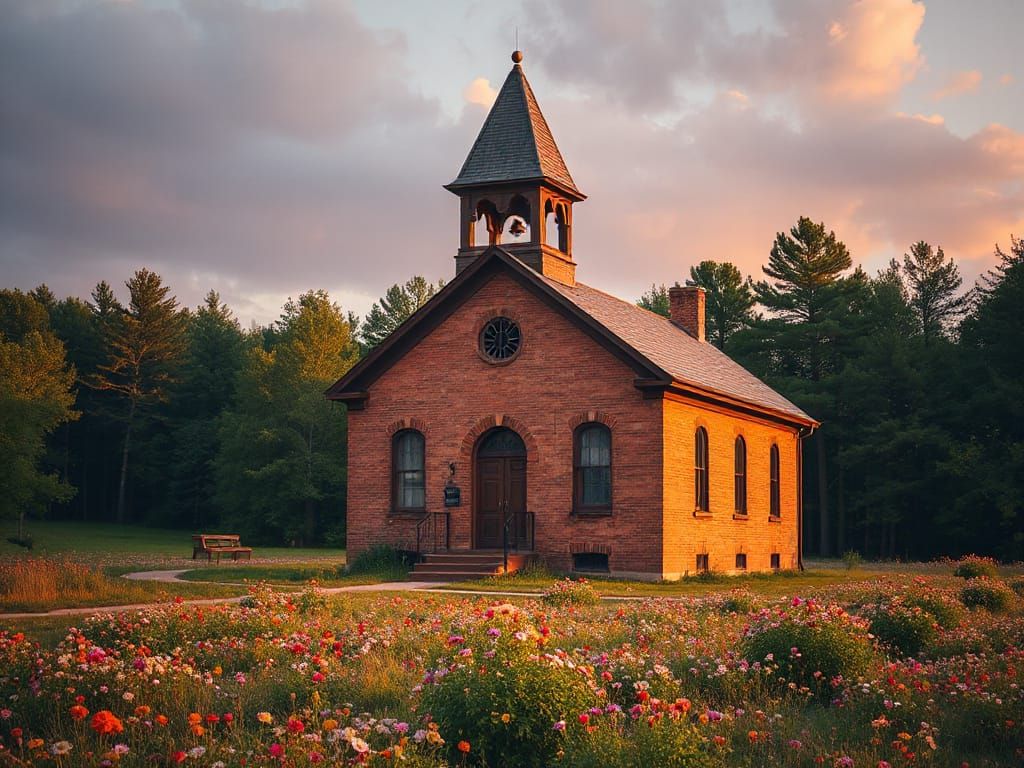 Victorian Schoolhouse in Prairie at Magic Hour