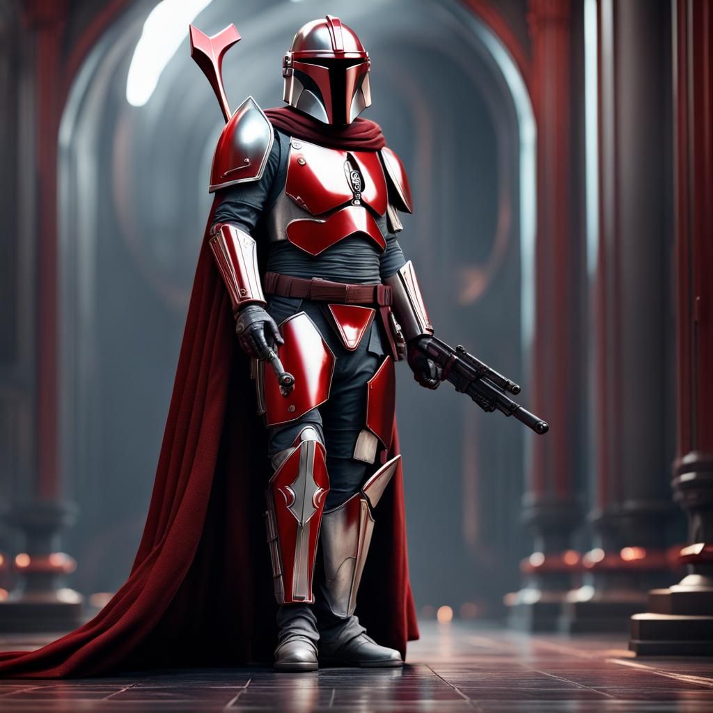 Detailed Silver and Red Mandalorian with Cape