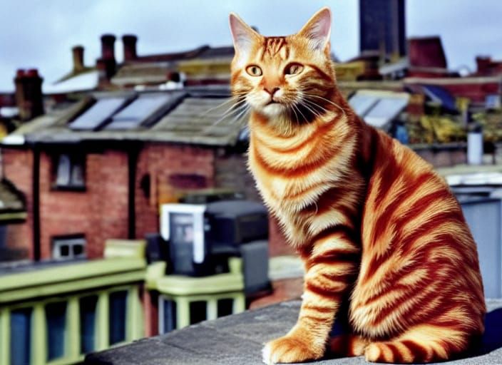 Ginger Tabby Cat on Rooftop, VHS Aesthetic