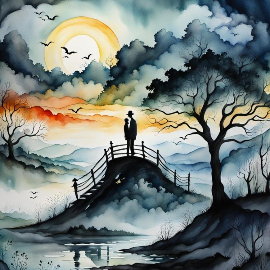 Emotional Watercolor Portrait in Tim Burton Style