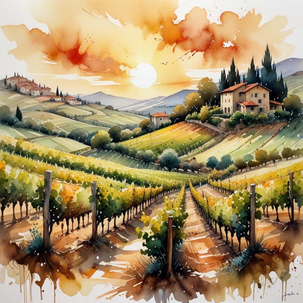 Timeless Tuscan Vineyard Landscape in Watercolor Style