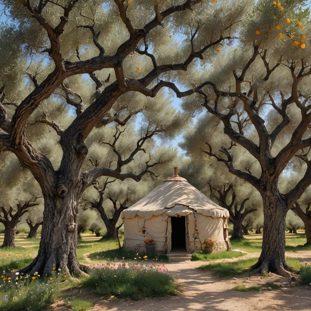 Yurt in Ancient Olive Grove with Wildflowers