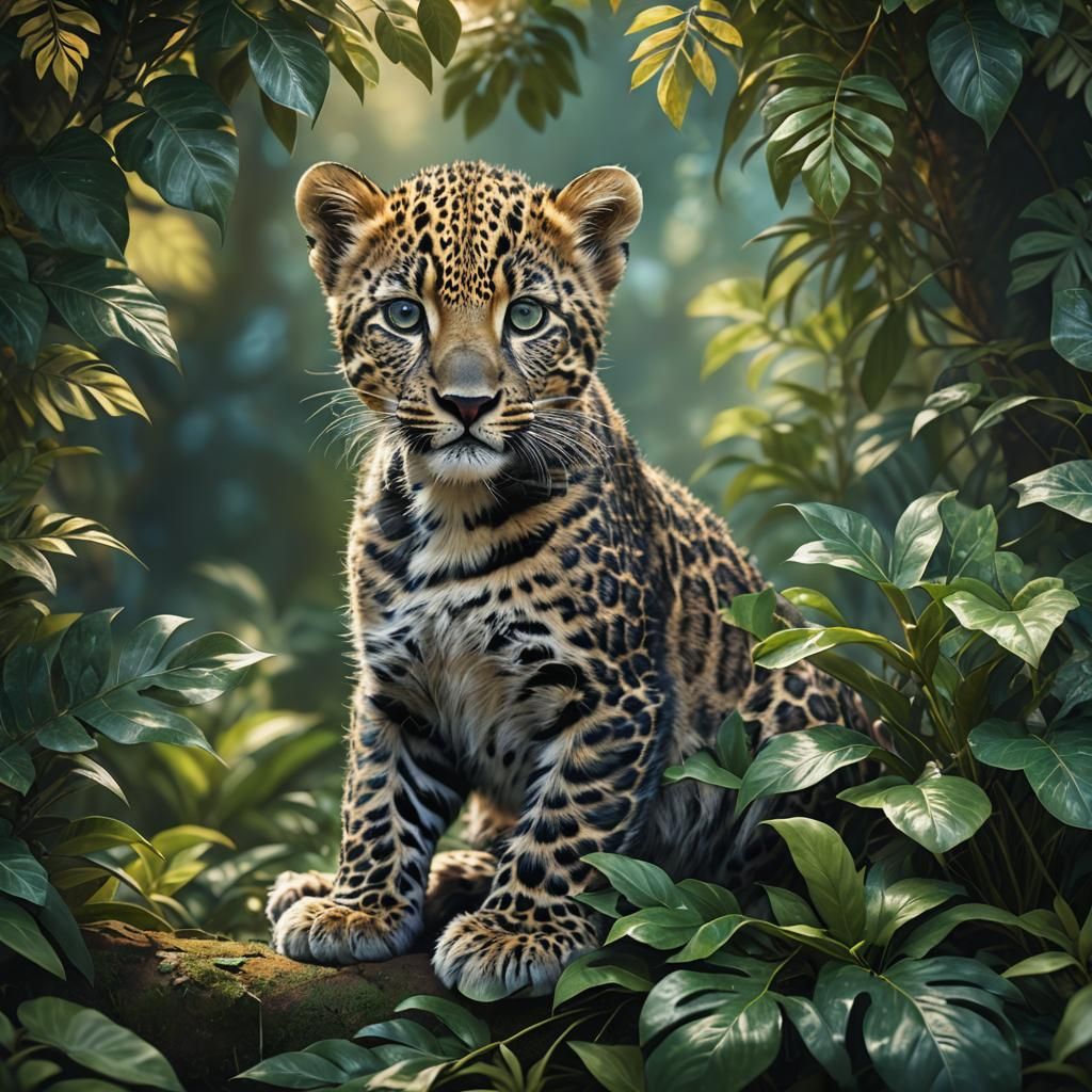 Baby Leopard in Emerald Forest: Hyper-Realistic Art