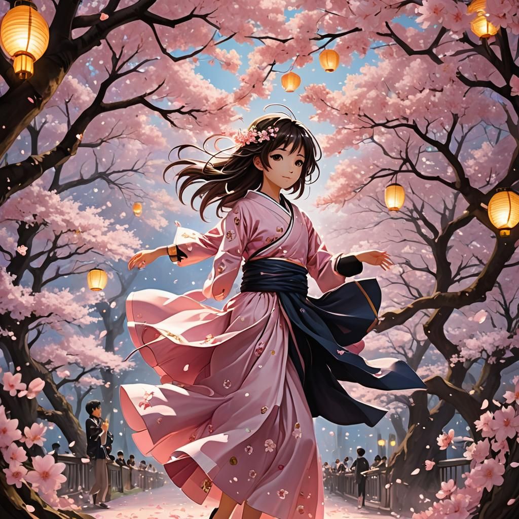Anime Girl Dancing Under Cherry Blossoms in 3D