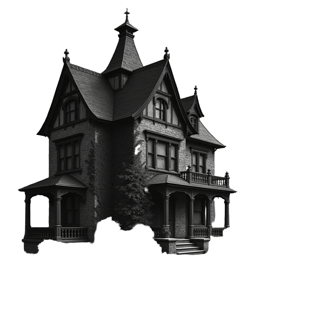 Gothic House with Bat: Hyperdetailed Charcoal Drawing