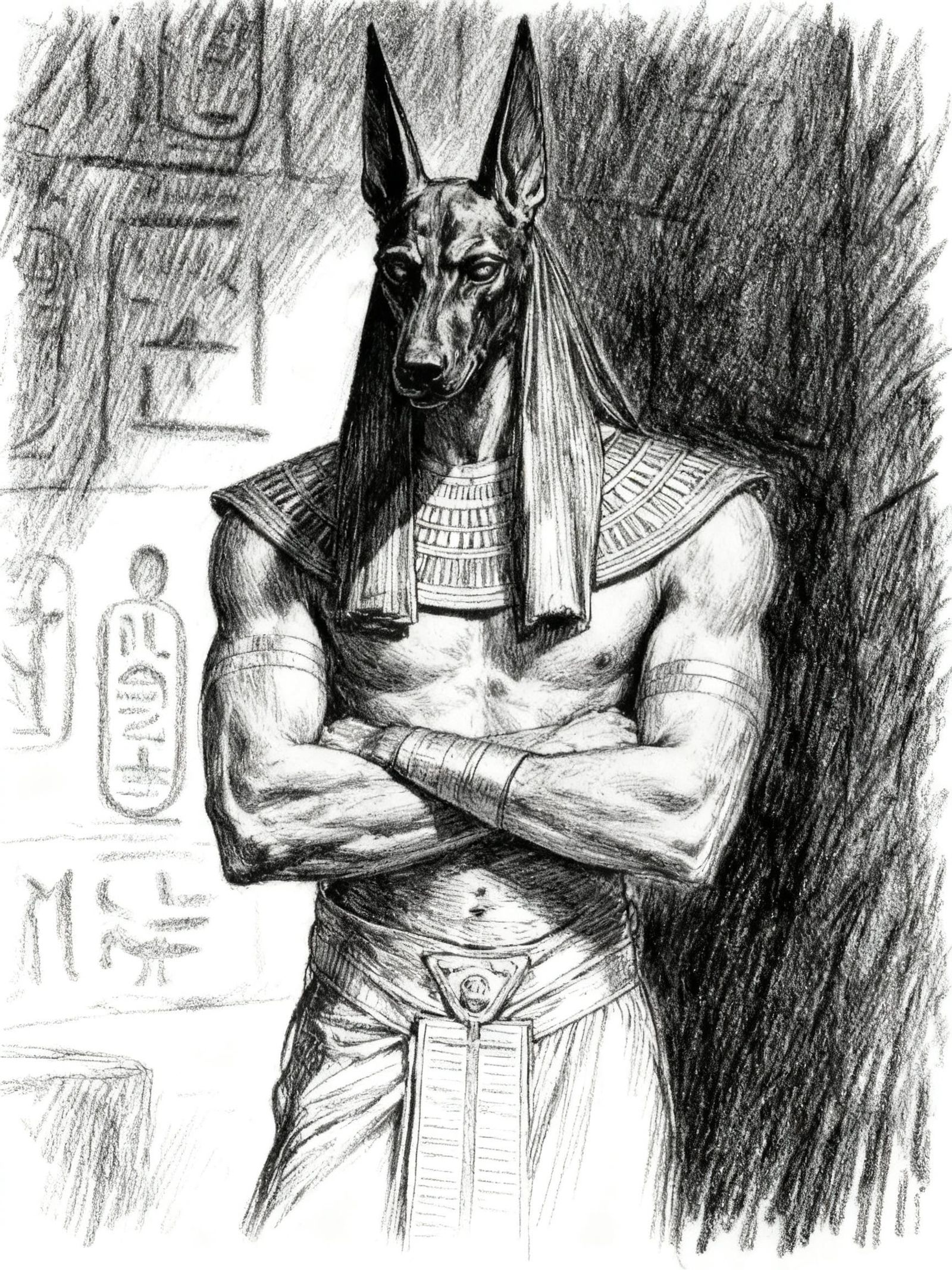 Anubis in Black and White Pencil Sketch
