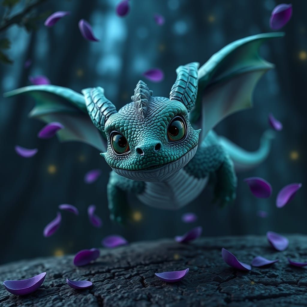 Adorable Green Dragon in Jacaranda Forest