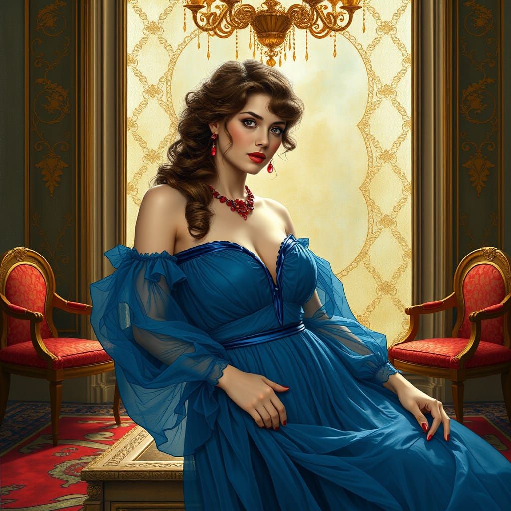 Elegant Woman in Blue Dress: An Art Nouveau Portrait