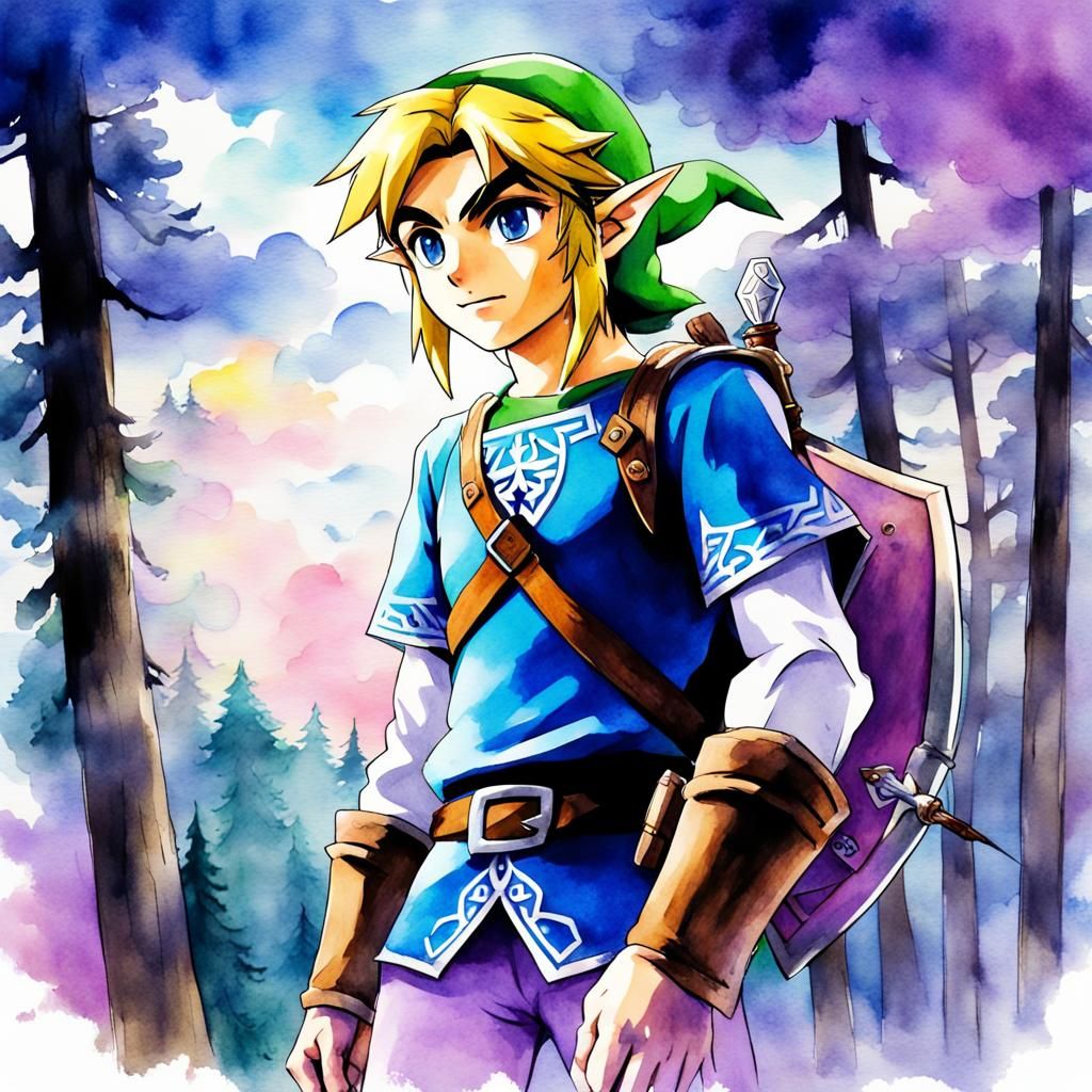 Link in Anime Style Forest with Colorful Clouds