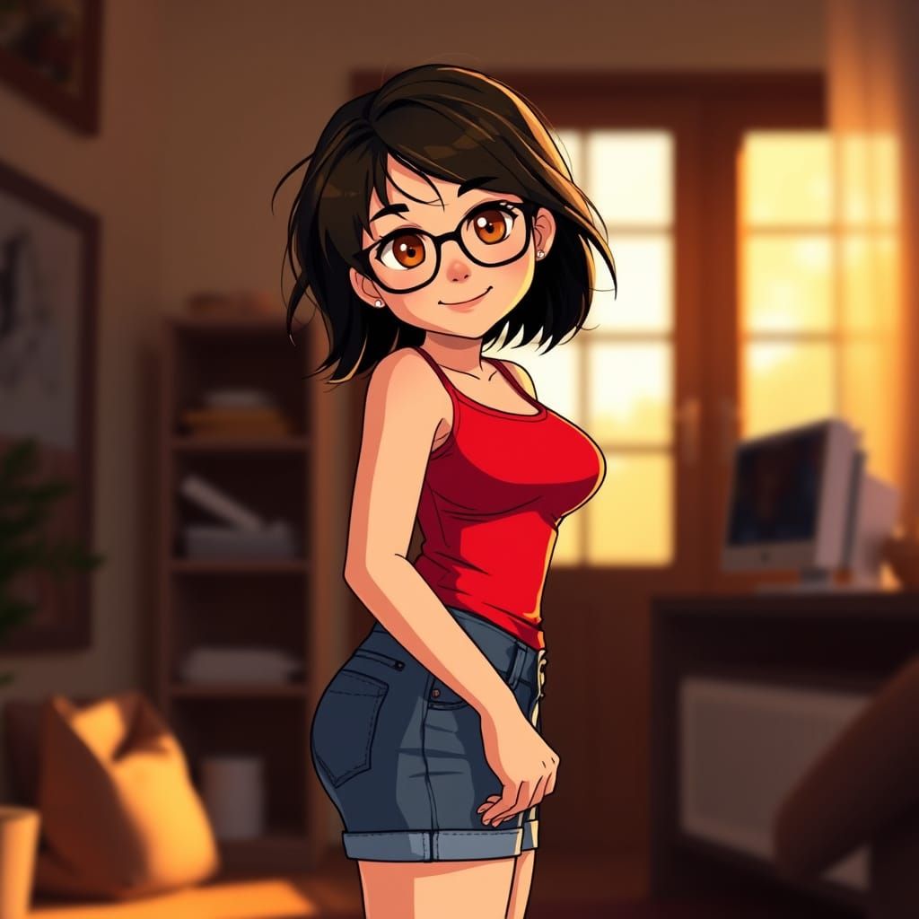 Petite Woman in Cozy Room: Cel-Shaded Illustration