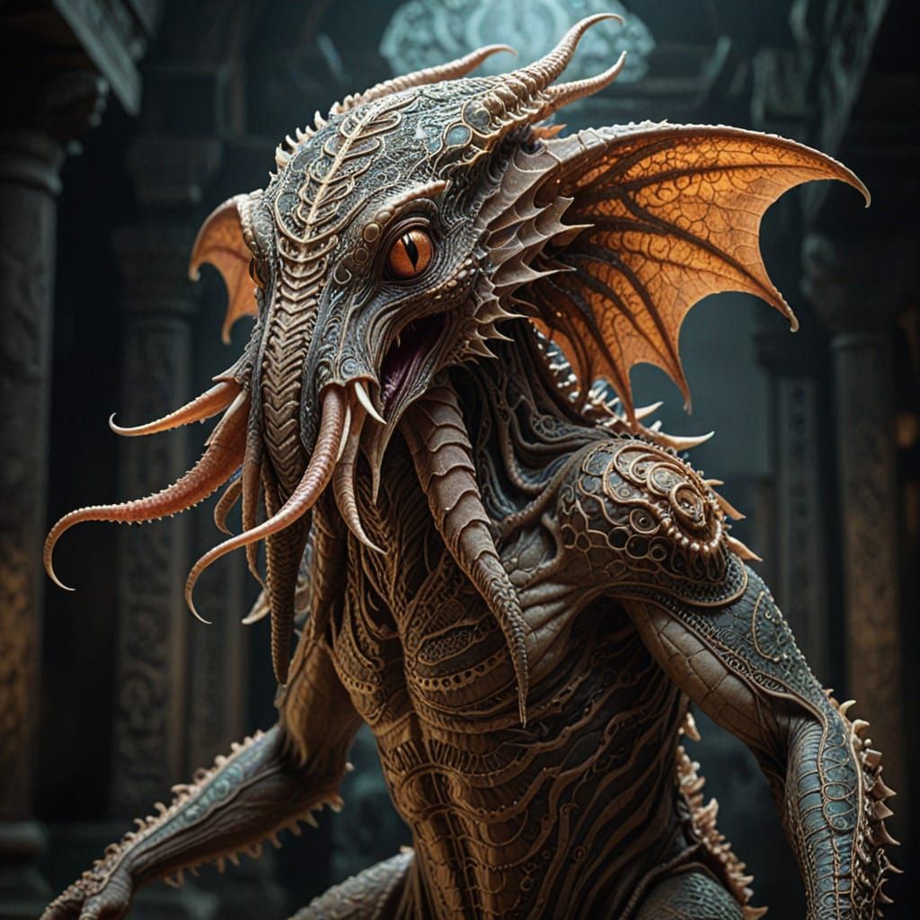 close up of intricate monster of vaguely anthropoid outline,...