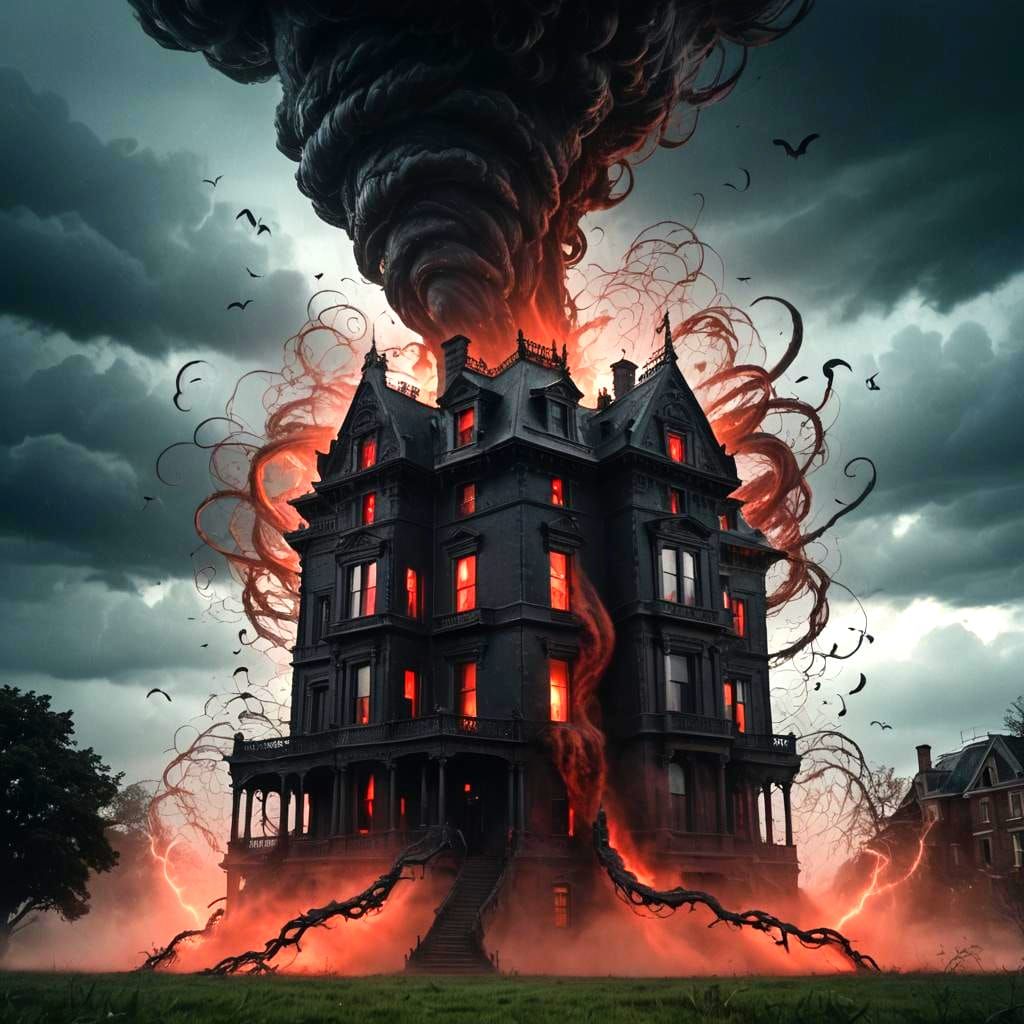Tornado Menaces a Ghost House: Horror Art
