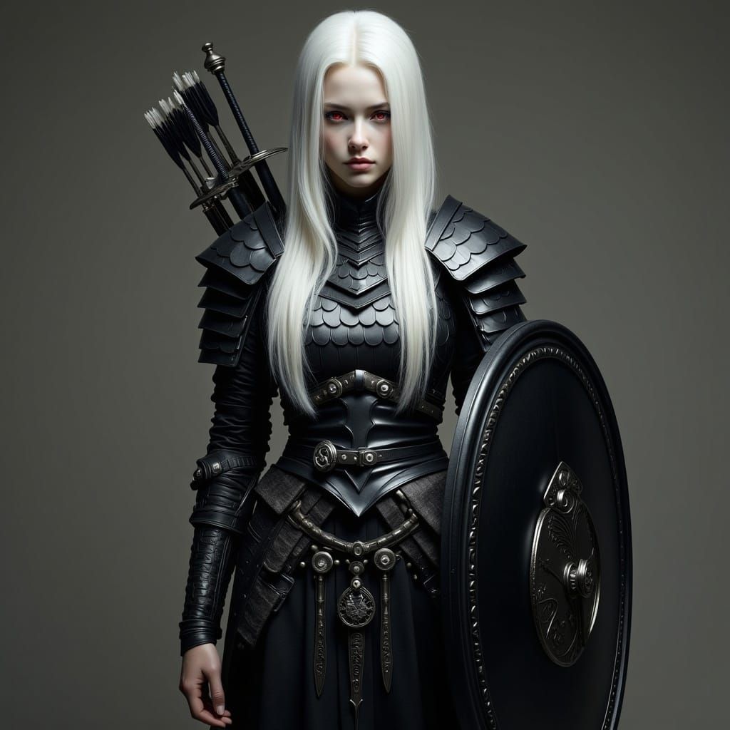 <lora:Flux Hyperreal:1.0> Photorealistic of an Albinos Woman. She has red eyes, Long flowing white hairs. She is wearing...