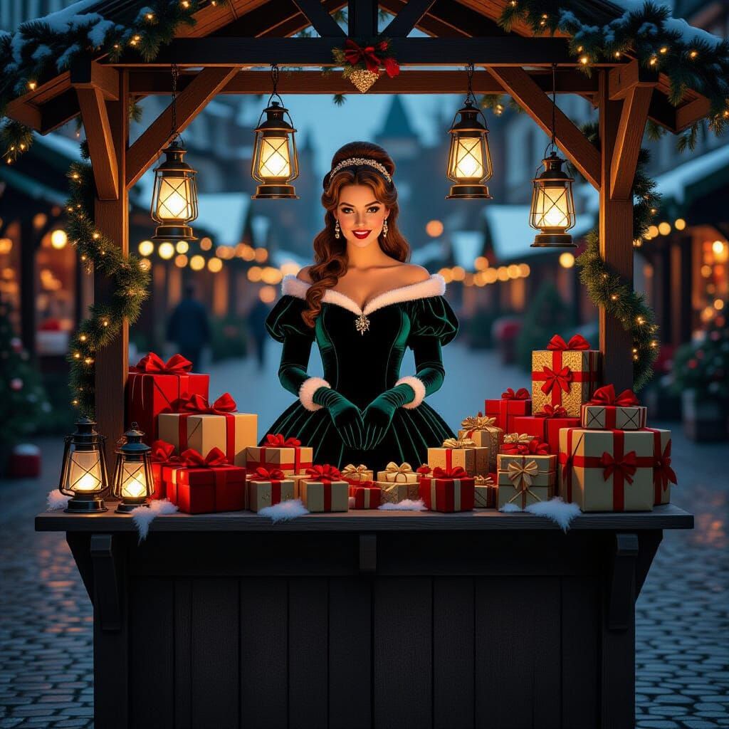 Belle as Christmas Market Vendor in Retro Glamour