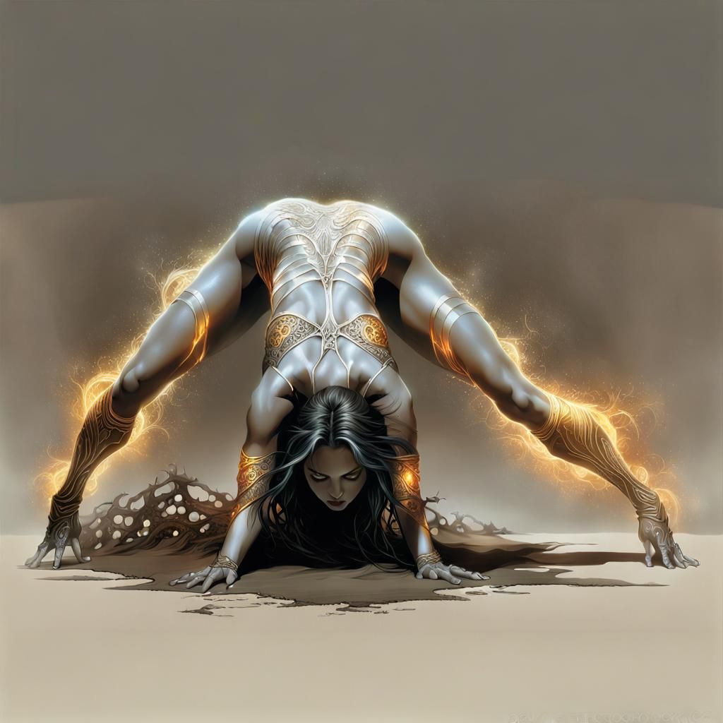 Woman Bending in Amber Glow: Luis Royo Style
