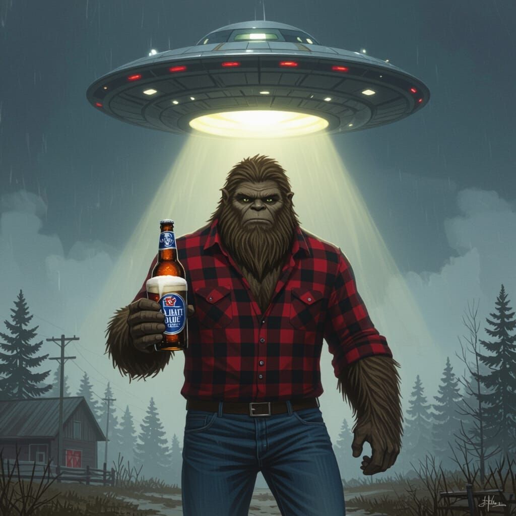 Bigfoot Enjoys Labatt Beer Under UFO, Atmospheric Digital Ar...