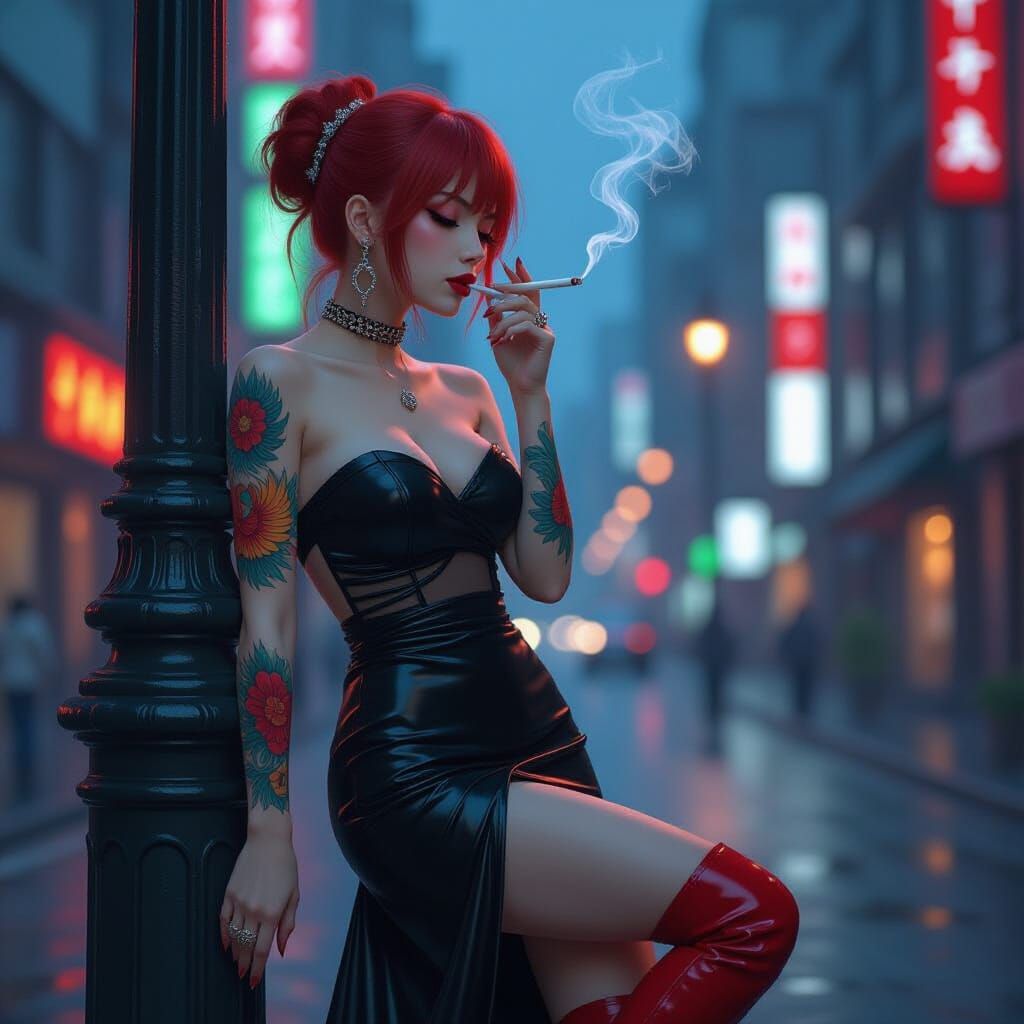 Neon City Portrait of Woman with Phoenix Tattoo