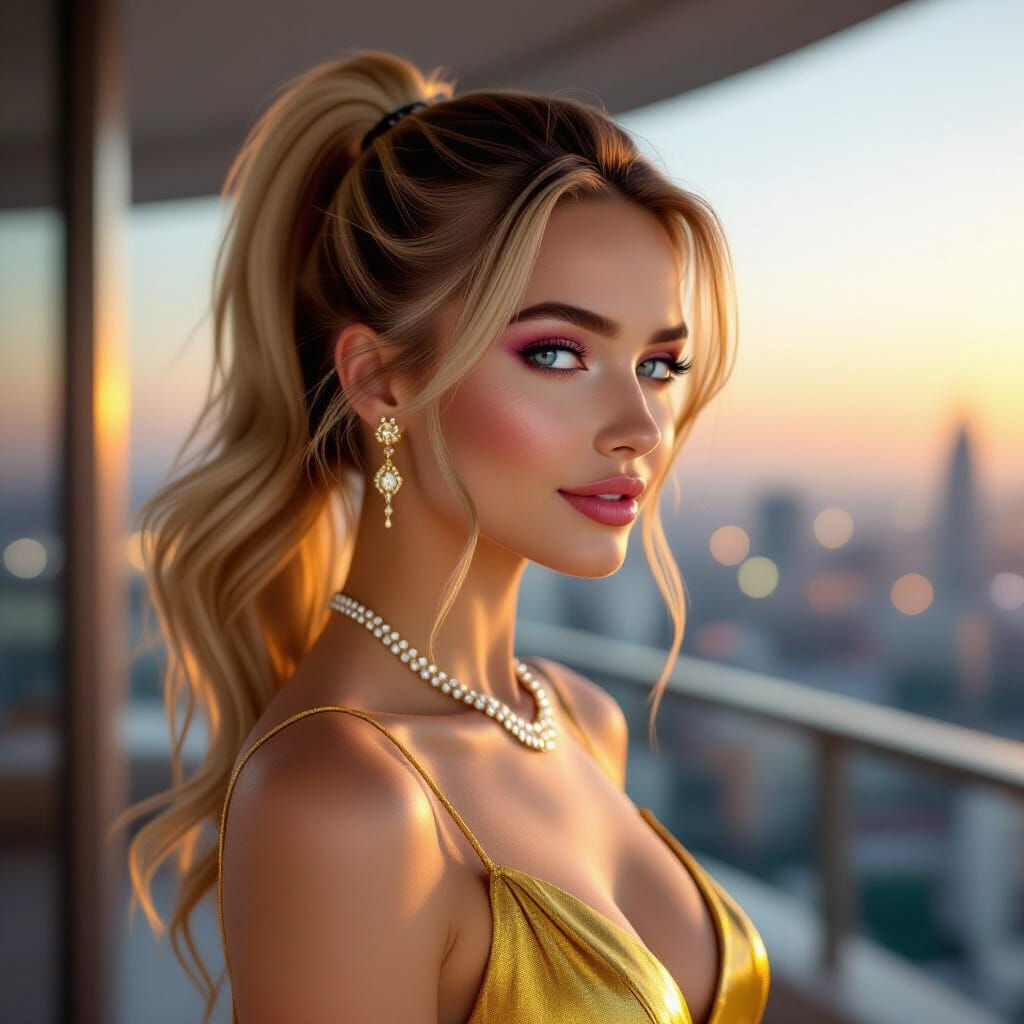 Joyous Blonde Woman in Golden Dress at Dawn