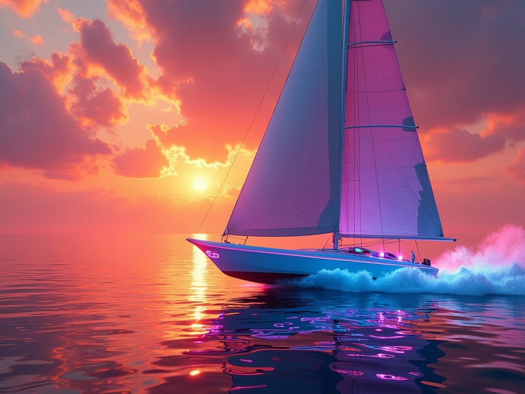 Neon Sailboat Races at Sunset in Futuristic Style