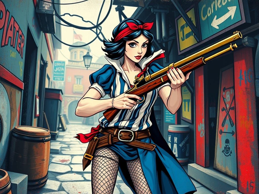 Snow White Swashbuckles Pirate's Lair in Street Art Style
