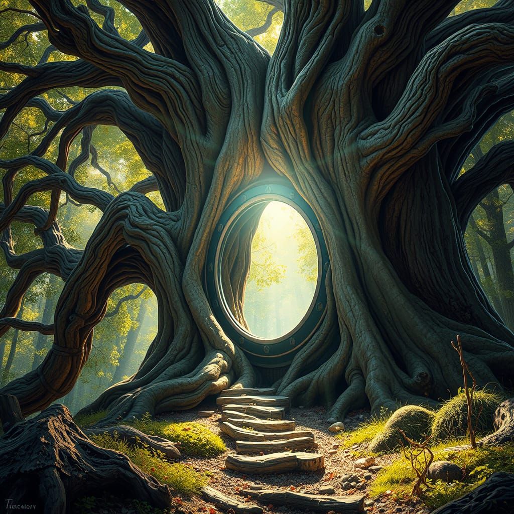 Futuristic Portal Shines Within Gnarled Oak Tree