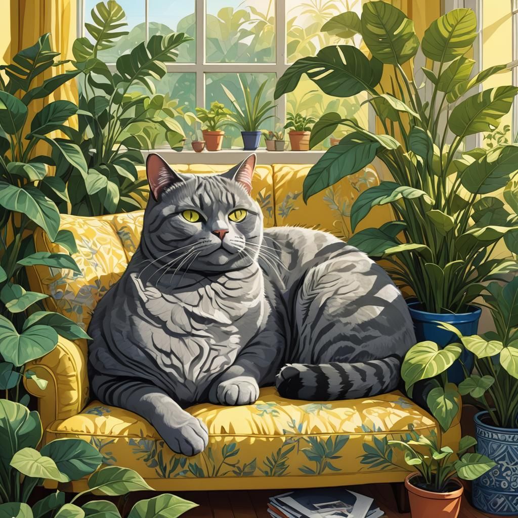 Grey Cat Sleeping on Yellow Couch: Whimsical Digital Art