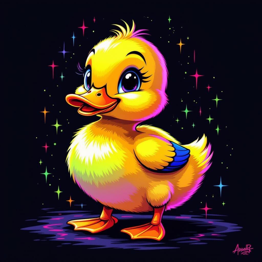Neon Duckling Charcoal Drawing in Bold Cartoon Style