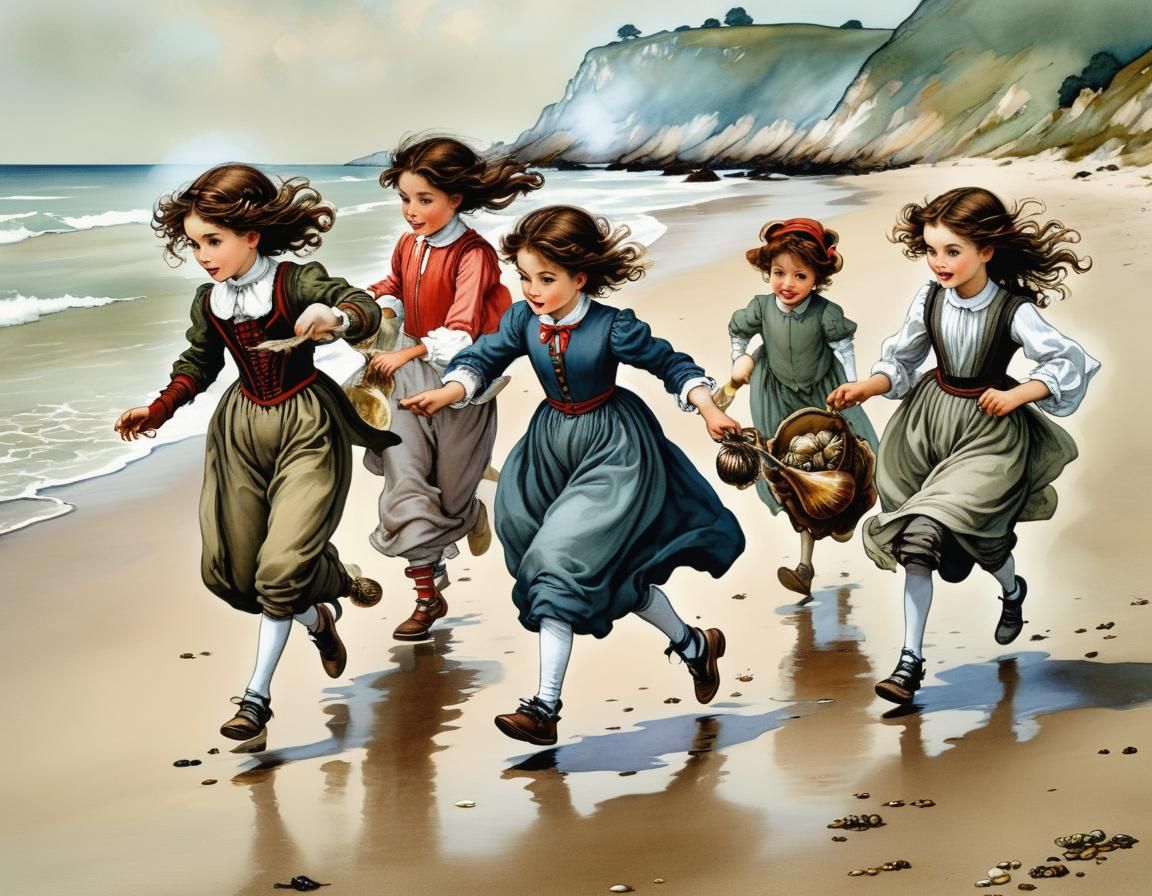 Children Collecting Shells on Beach, Fairy-Tale Illustration