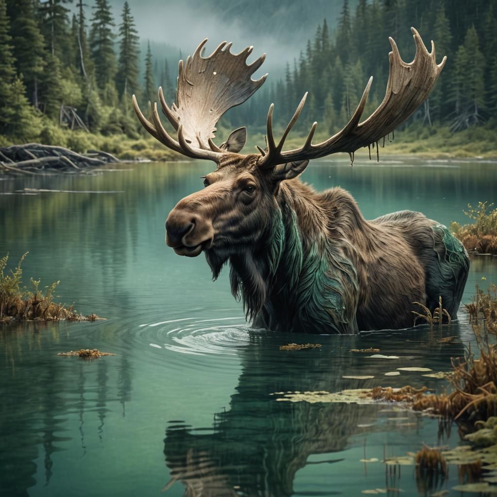 Moose Emerges from Lake: Dreamlike Fantasy Concept Art