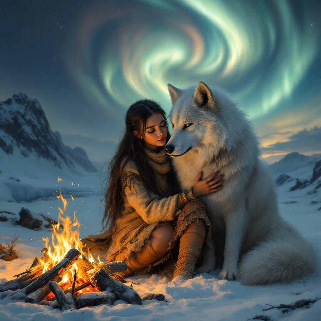 Serene Ice Age Girl Embracing a White Wolf near a Warm Campf...