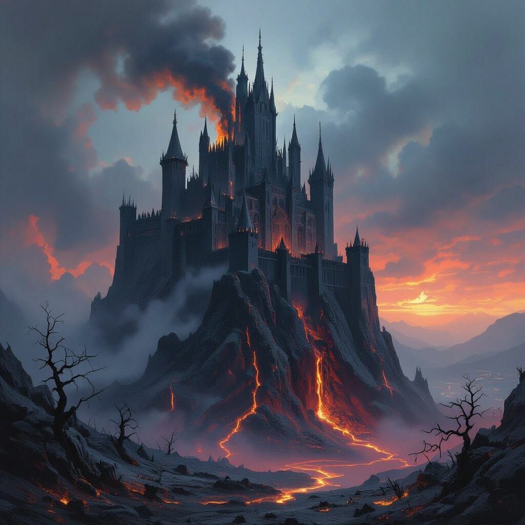 Colossal Obsidian Castle in Twilight, Dark Fantasy Art