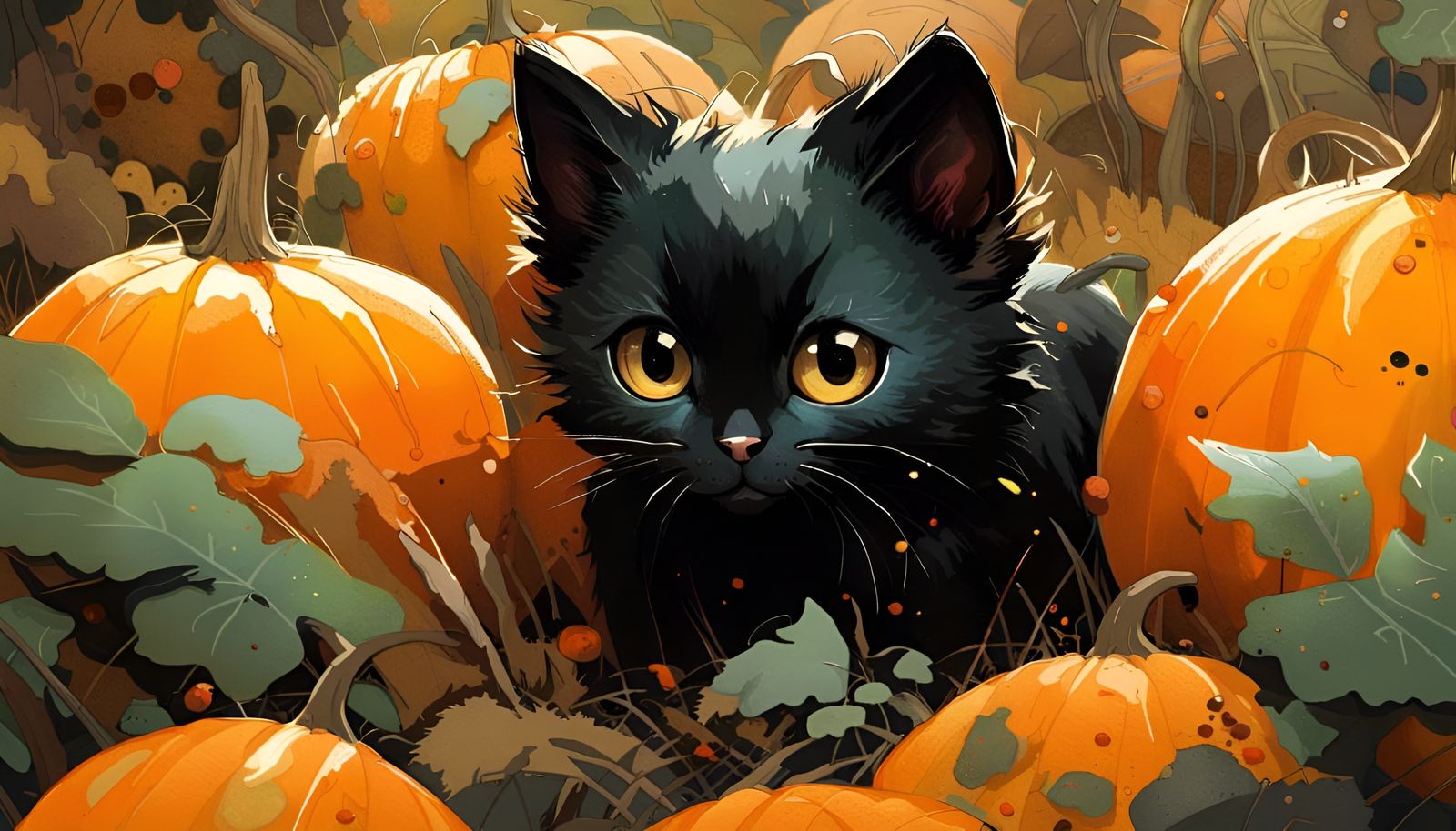 Adorable Black Kitten in Pumpkin Patch, Hyperrealistic Style