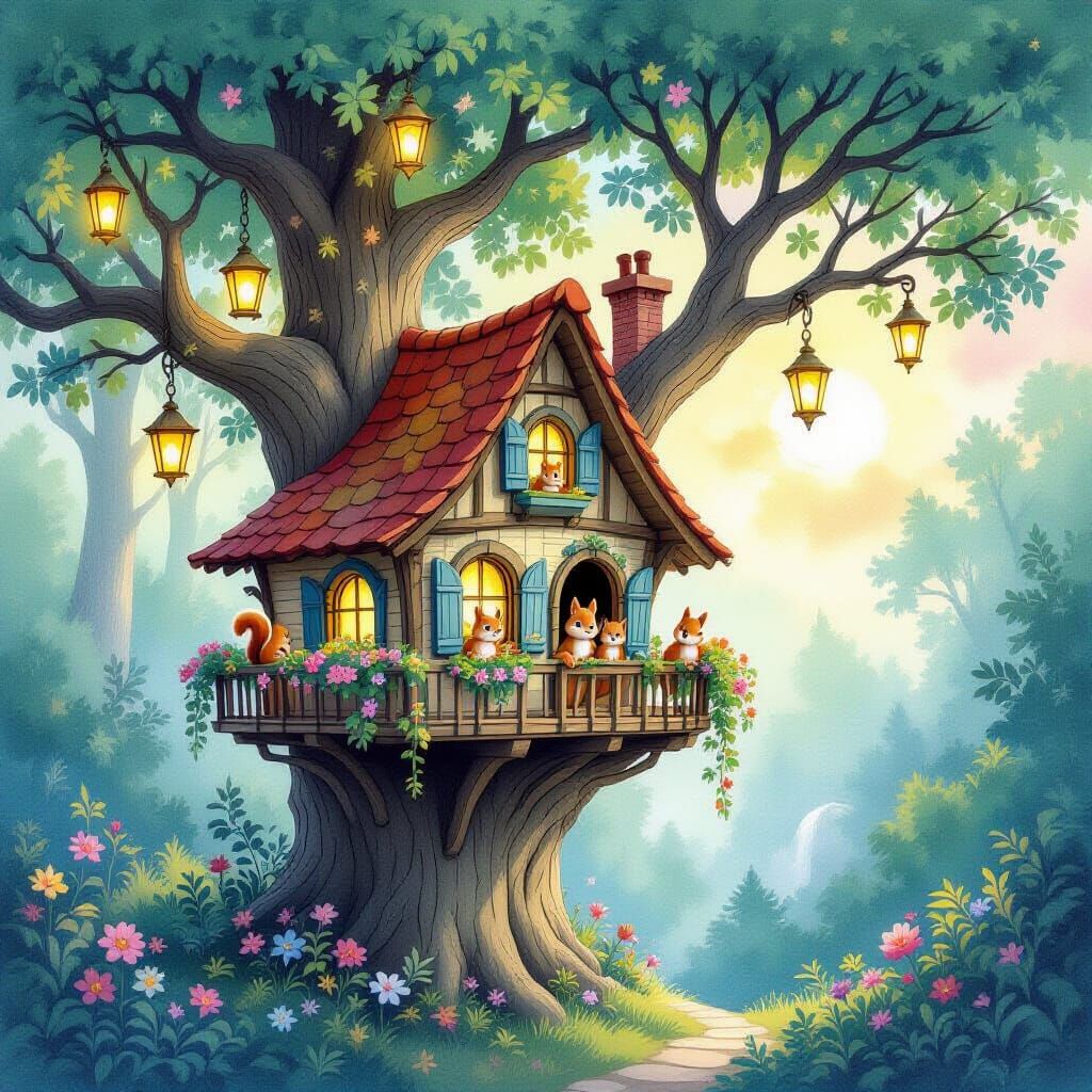 Enchanted Forest Treehouse in Watercolor Style