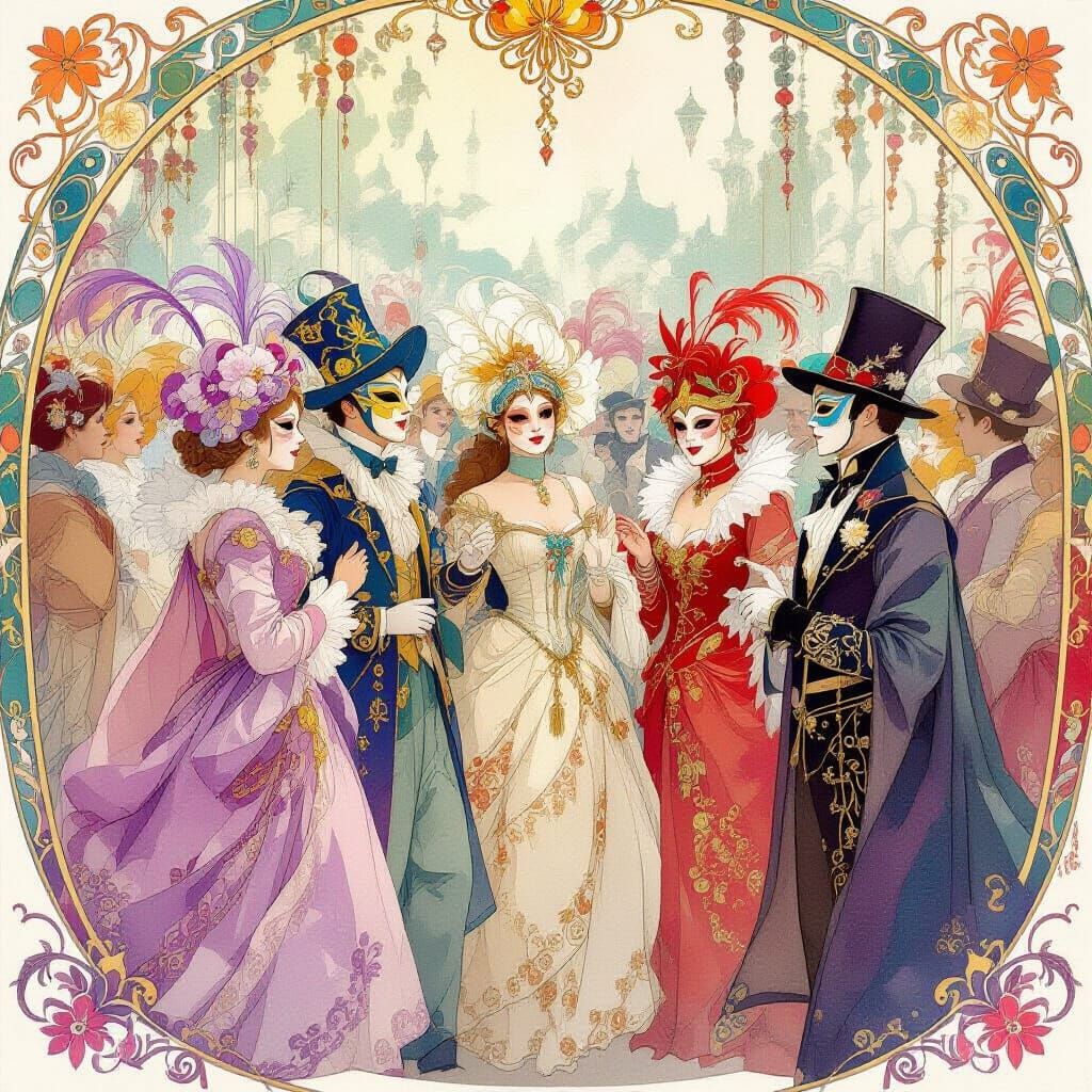 Vibrant Festival Crowd in Elaborate Masks, Watercolor Style