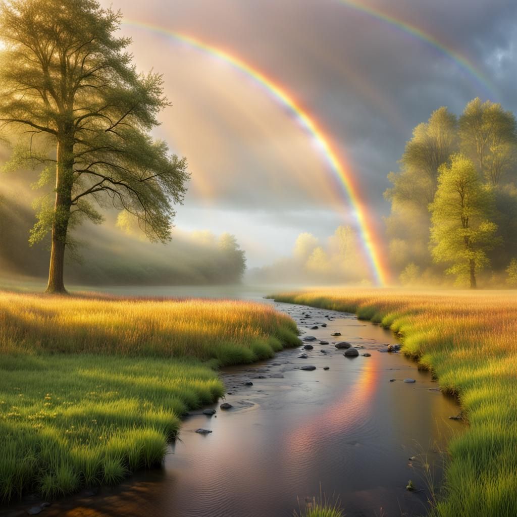 Hyperrealistic Stream and Rainbow Landscape Photography