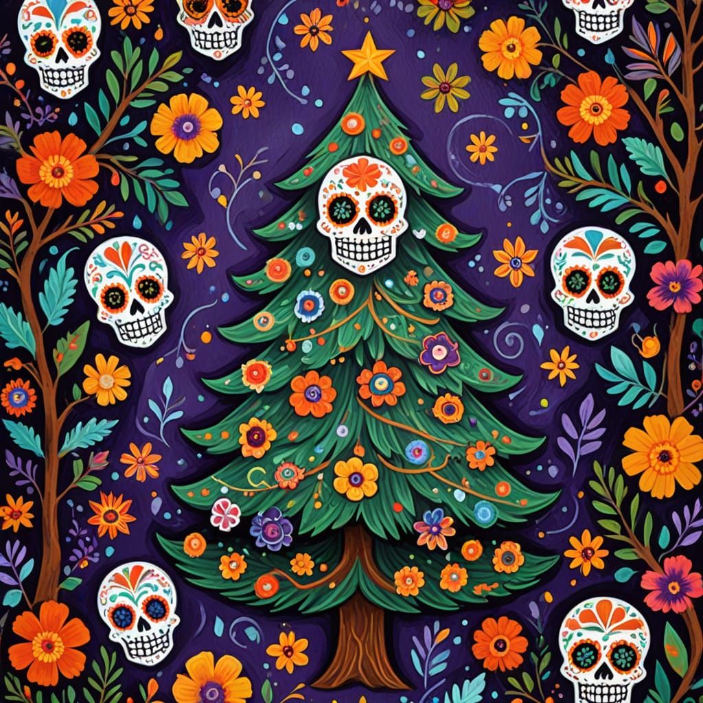 Day of the Dead Christmas Tree Gouache Painting