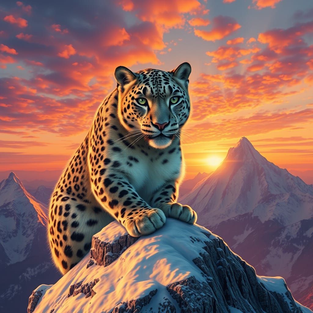 Hyperrealistic Snow Leopard at Sunset on Mountain Peak