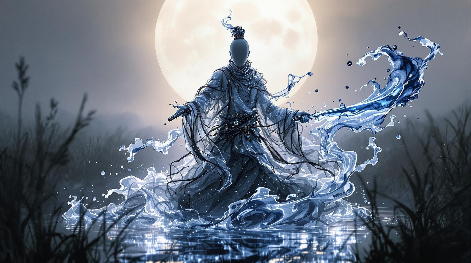 Ancient Monk Battles in Moonlit Marsh with Iridescent Sword
