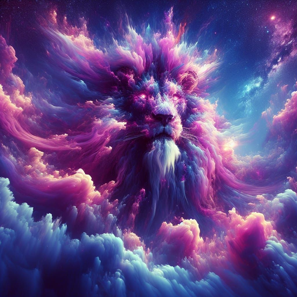 Cosmic Smoke Lion Soaring in Blue Skies