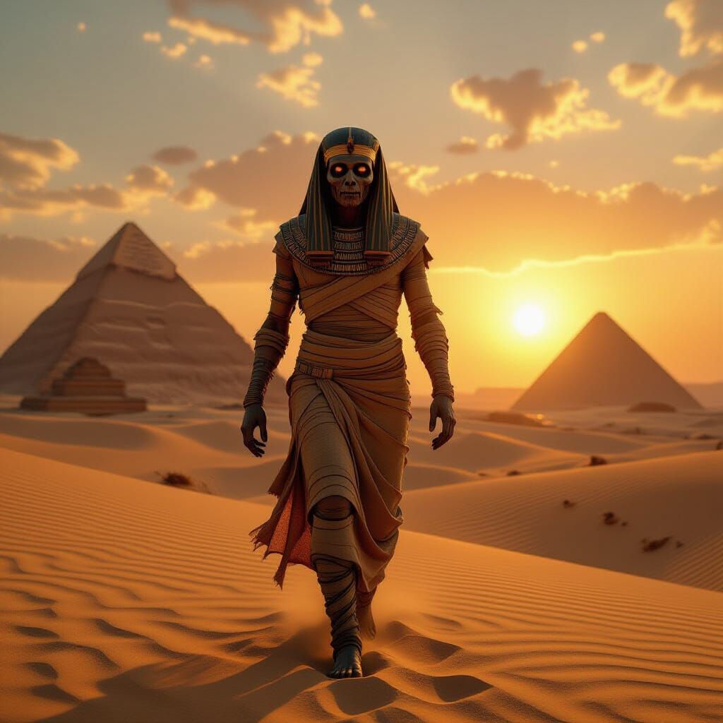 Ancient Egyptian Mummy Walks Towards Viewer in Desert Sunset