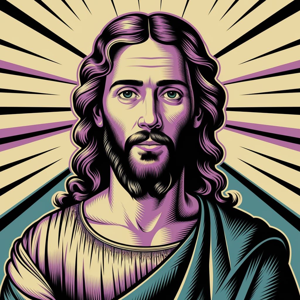 Jesus in Synthwave Style with Pointillist Elements
