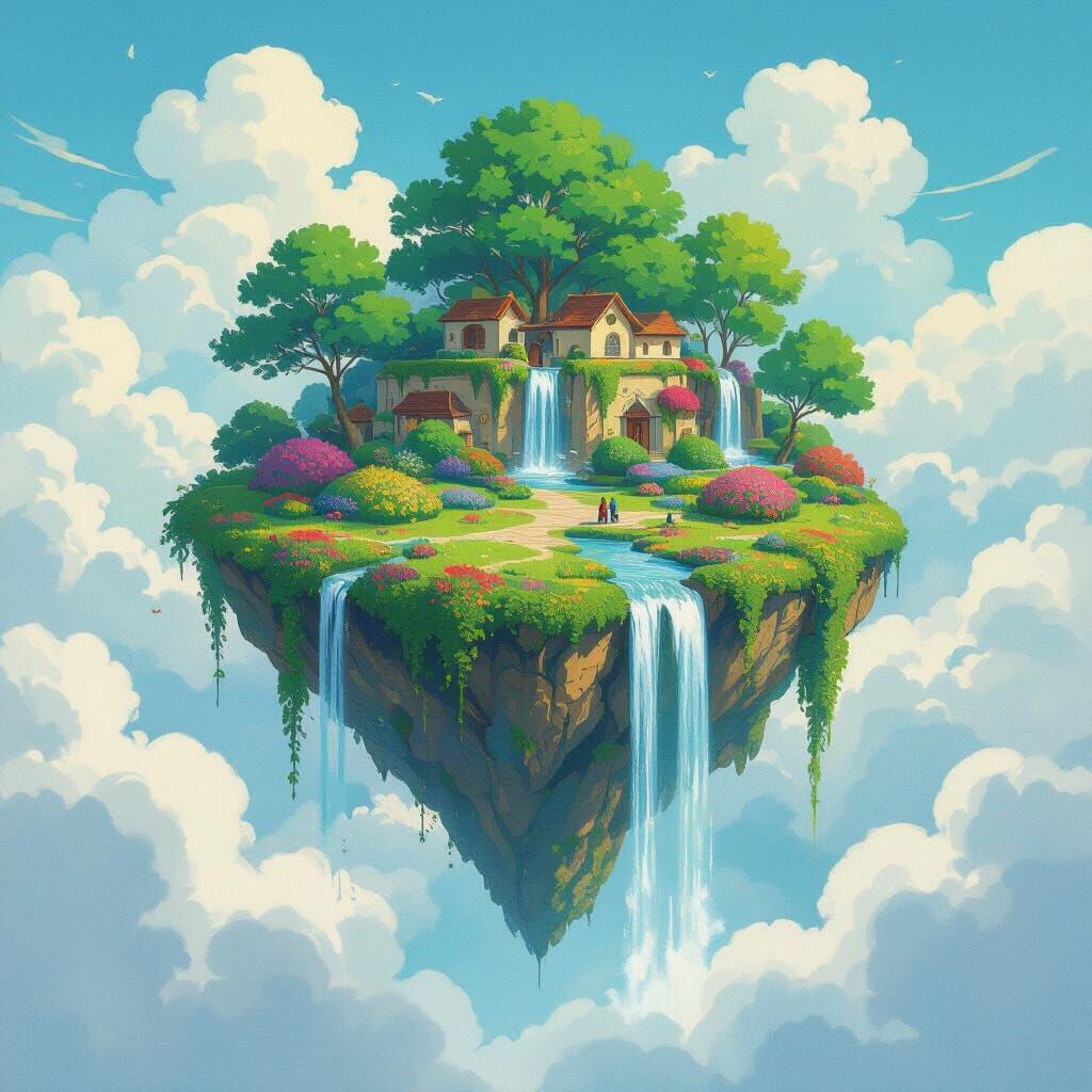 Floating Island Dreamscape in Ghibli-Monet Style