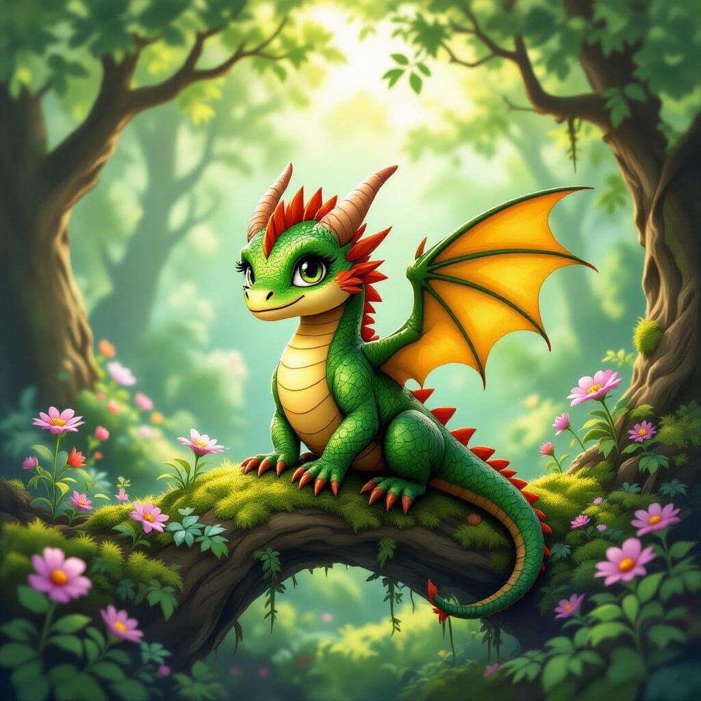 Friendly Dragon in Sun-Dappled Fairytale Forest